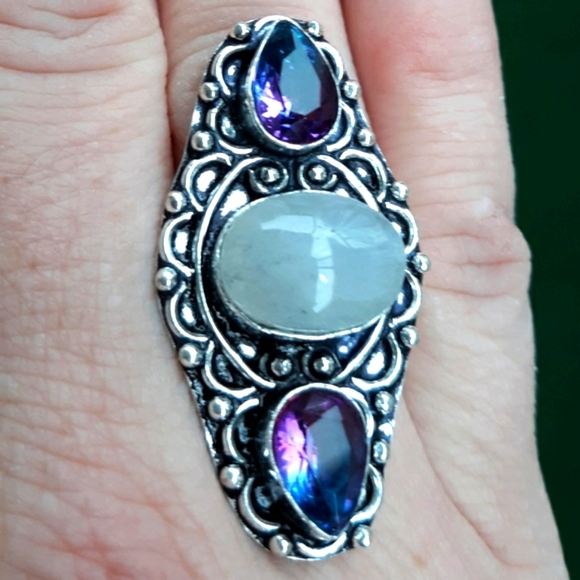New Rainbow Moonstone & Bicolor Tourmaline 925 Silver Ring. - Picture 2 of 8